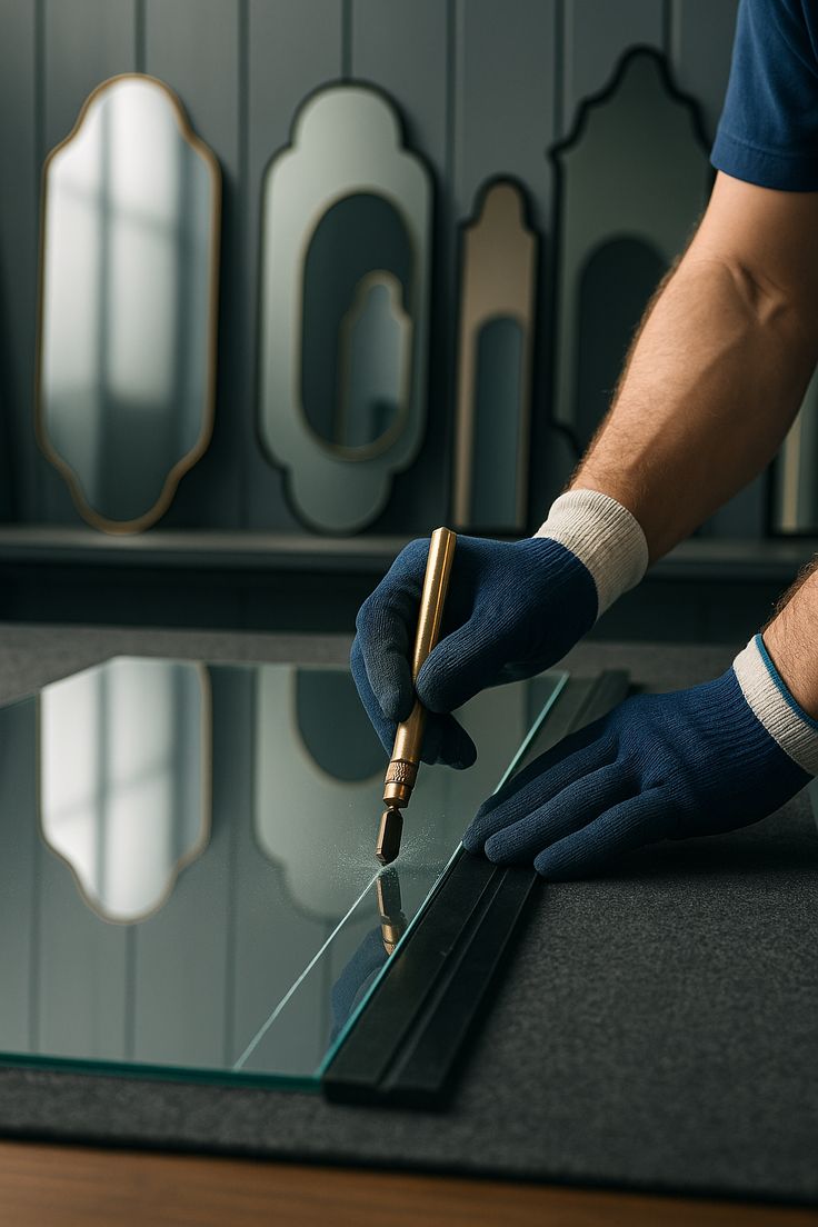 Skilled artisan hand-cutting a custom mirror for luxury interior decoration - TR Glass and Aluminum works UAE